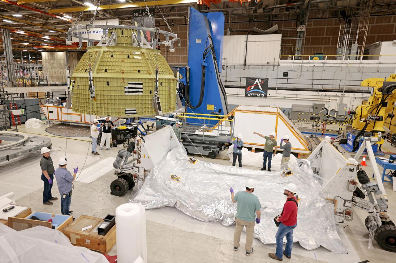 Teams at NASA’s Michoud Assembly Facility in New Orleans prepare the completed Orion pressure vessel for the Artemis IV mission for shipment to NASA’s Kennedy Space Center in Florida. The pressure vessel, which was assembled by lead contractor, Lockheed Martin, is the Orion crew module primary structure – the core upon which all other elements of Orion’s crew module are integrated. The structure is critical to Artemis crews as it holds the pressurized atmosphere astronauts breathe and work in a while in the vacuum of deep space. Once the module arrives at Kennedy’s Vehicle Assembly Building high bay, teams will begin integration of the pressure vessel with the Orion spacecraft crew module adapter and other assembly. With Artemis missions, NASA will land the first woman and the first person of color on the lunar surface, paving the way for human exploration of the Moon and on to Mars.  Image credit: NASA/Michael DeMocker